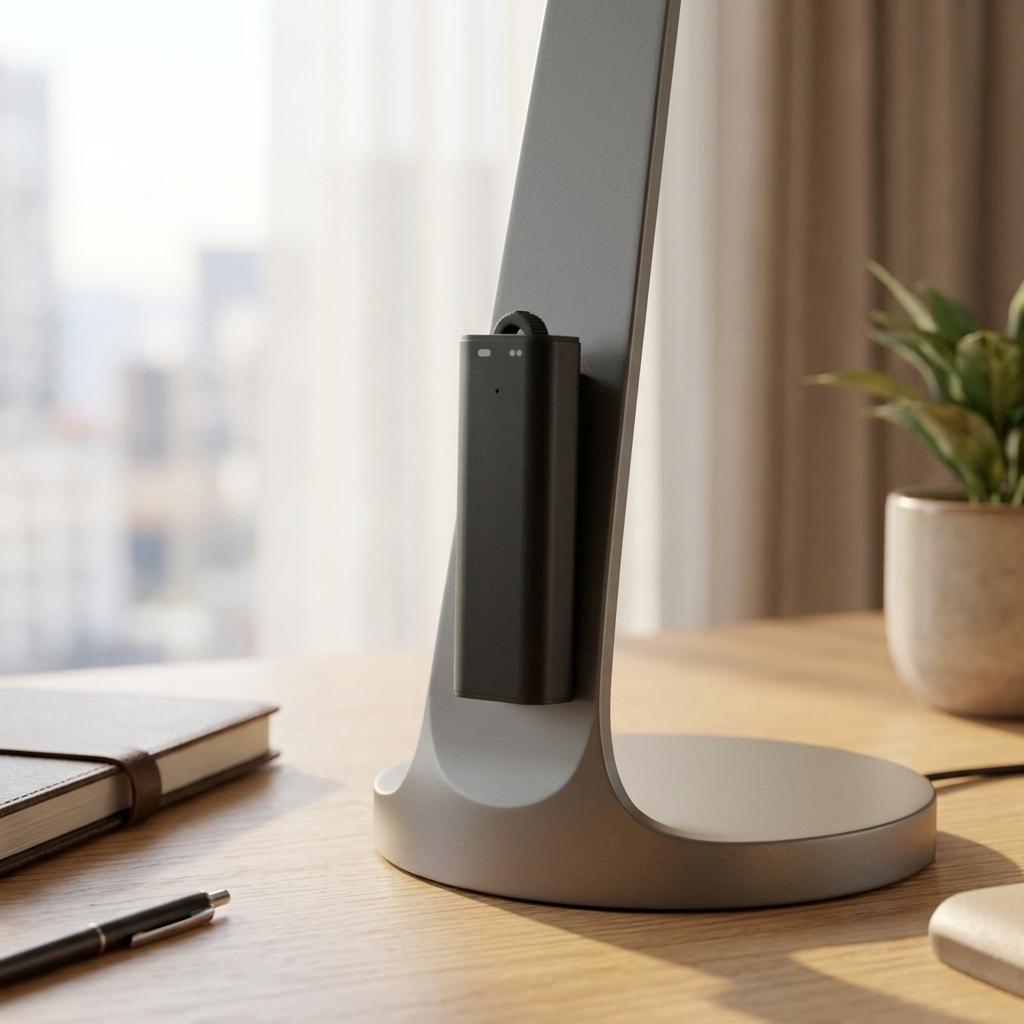 Magnetic voice activated recorder attached to a desk lamp base