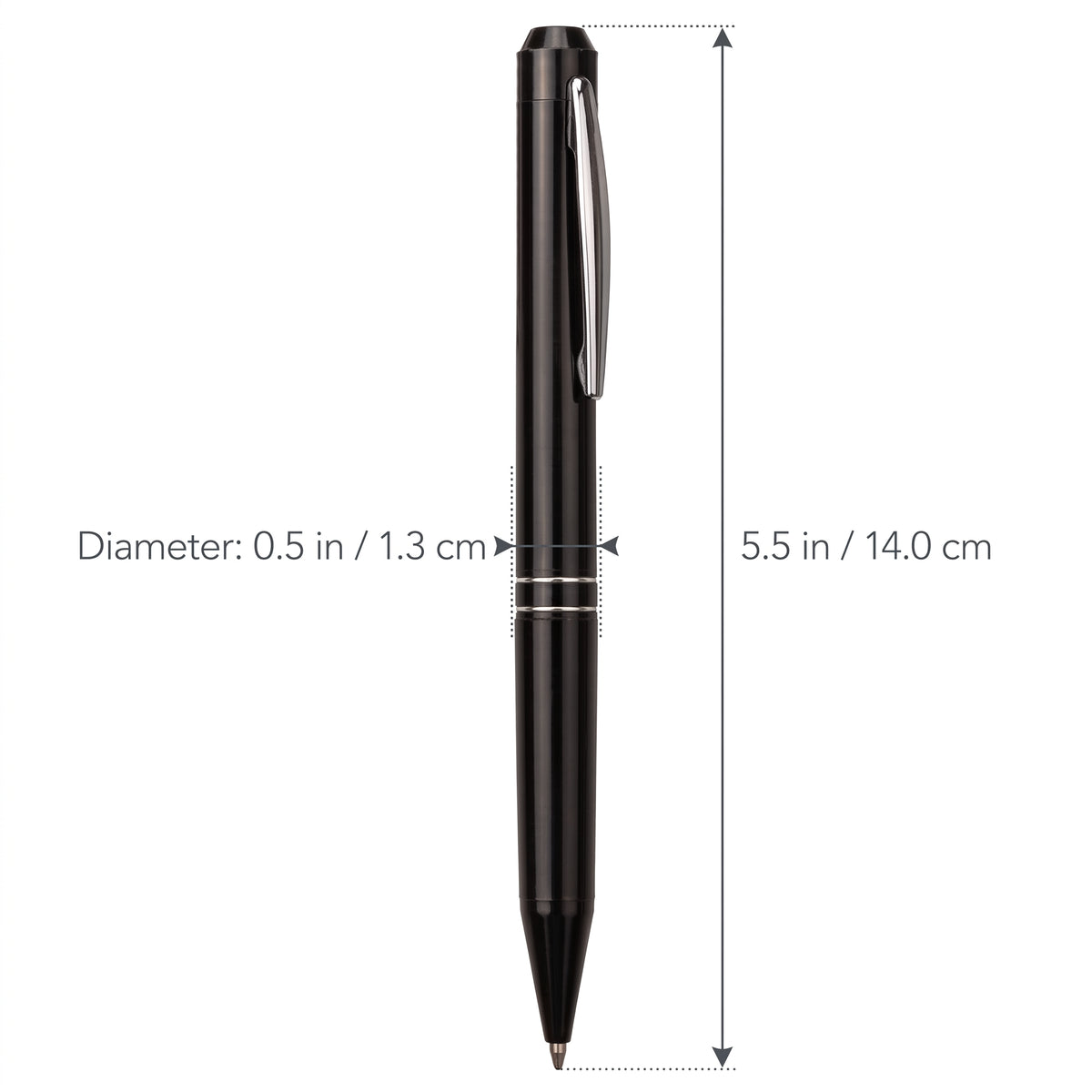 One Click Pen voice recorder - dimensions, 5.5 in long and 0.5 in diameter