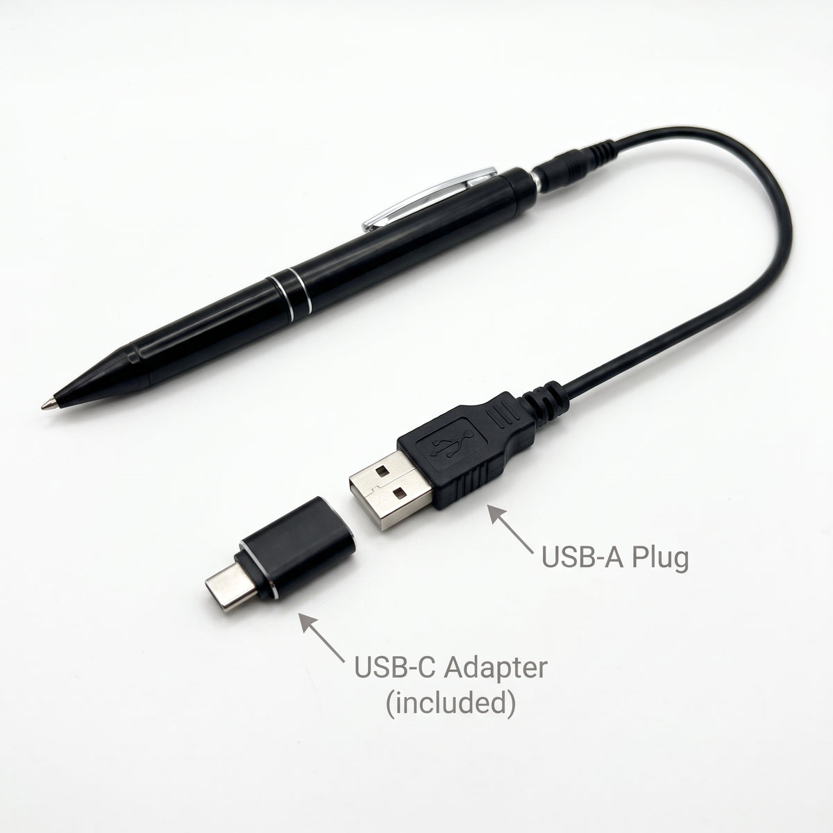 One Click Pen voice recorder - USB-A plug and USB-C adapter