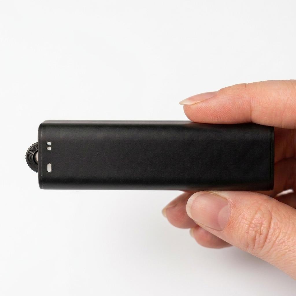 Black aluminum voice activated recorder held sideways