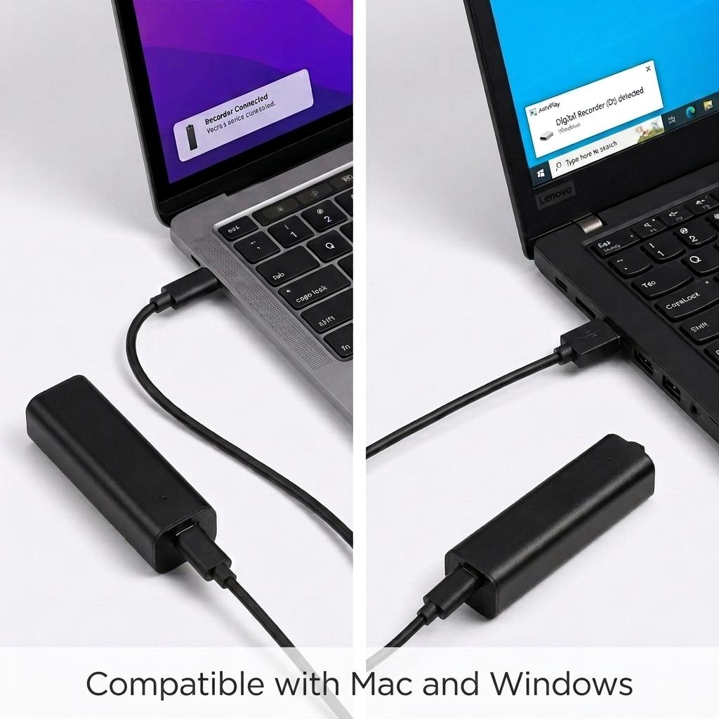 Voice recorder connected to Mac and Windows laptops by USB