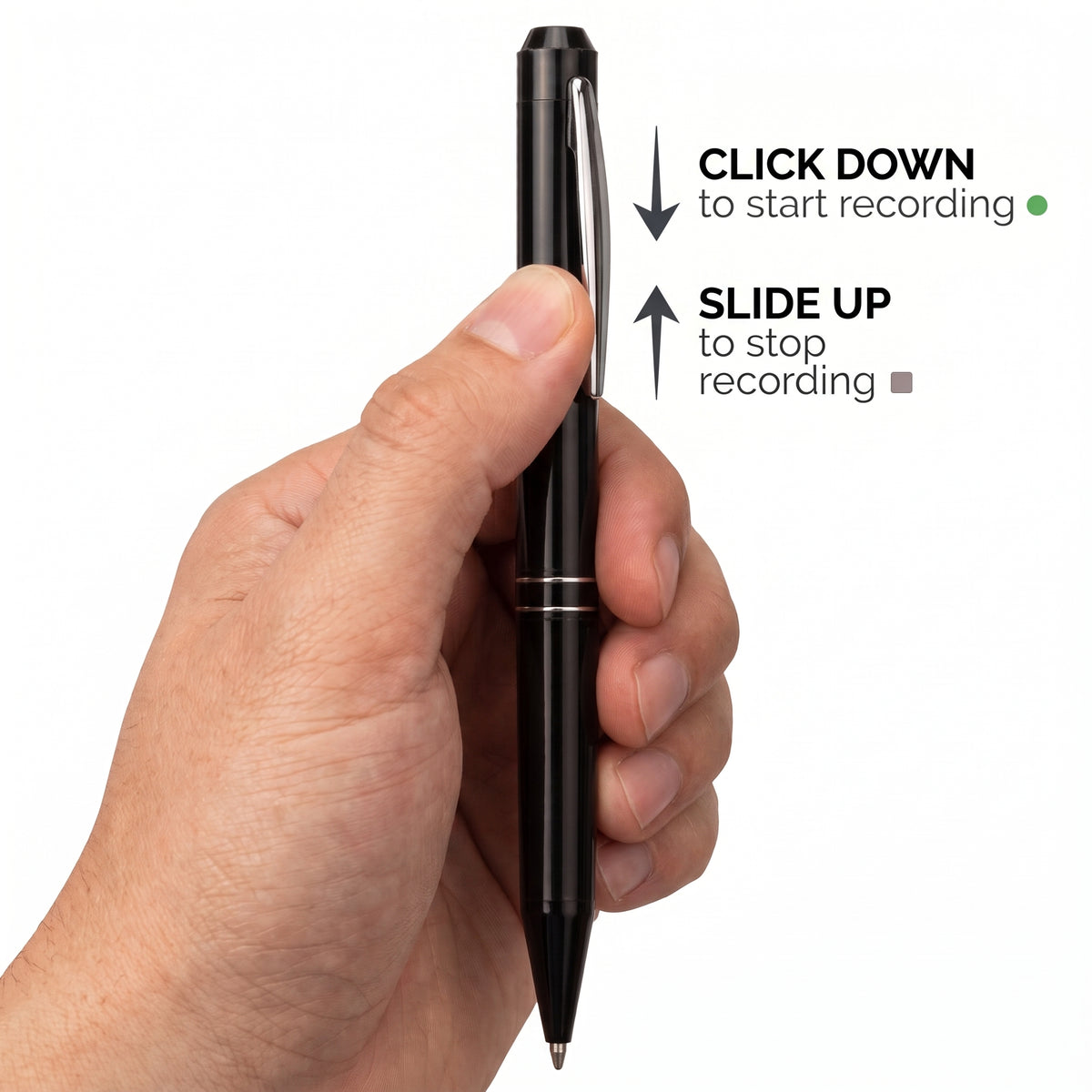 One Click Pen voice recorder - click down to record, slide up to stop