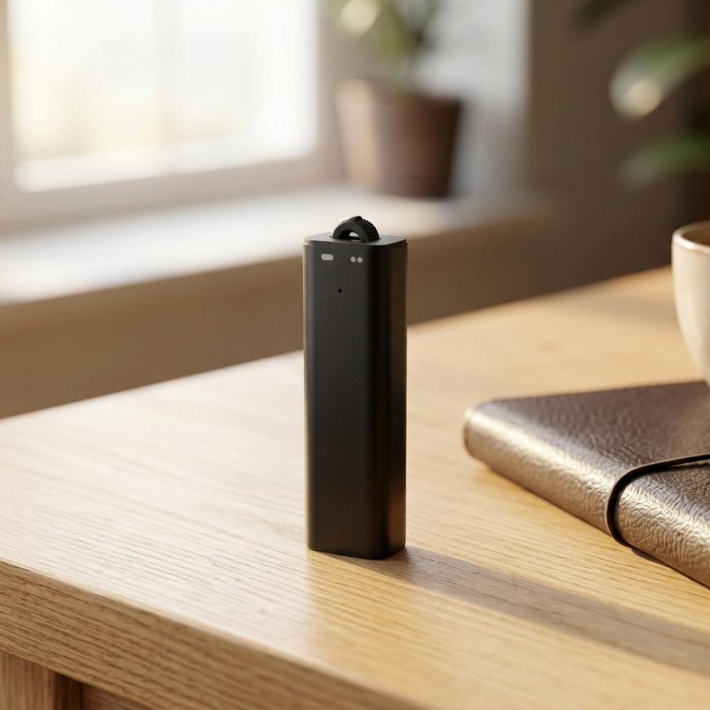 Voice activated recorder Pro standing on a wooden desk