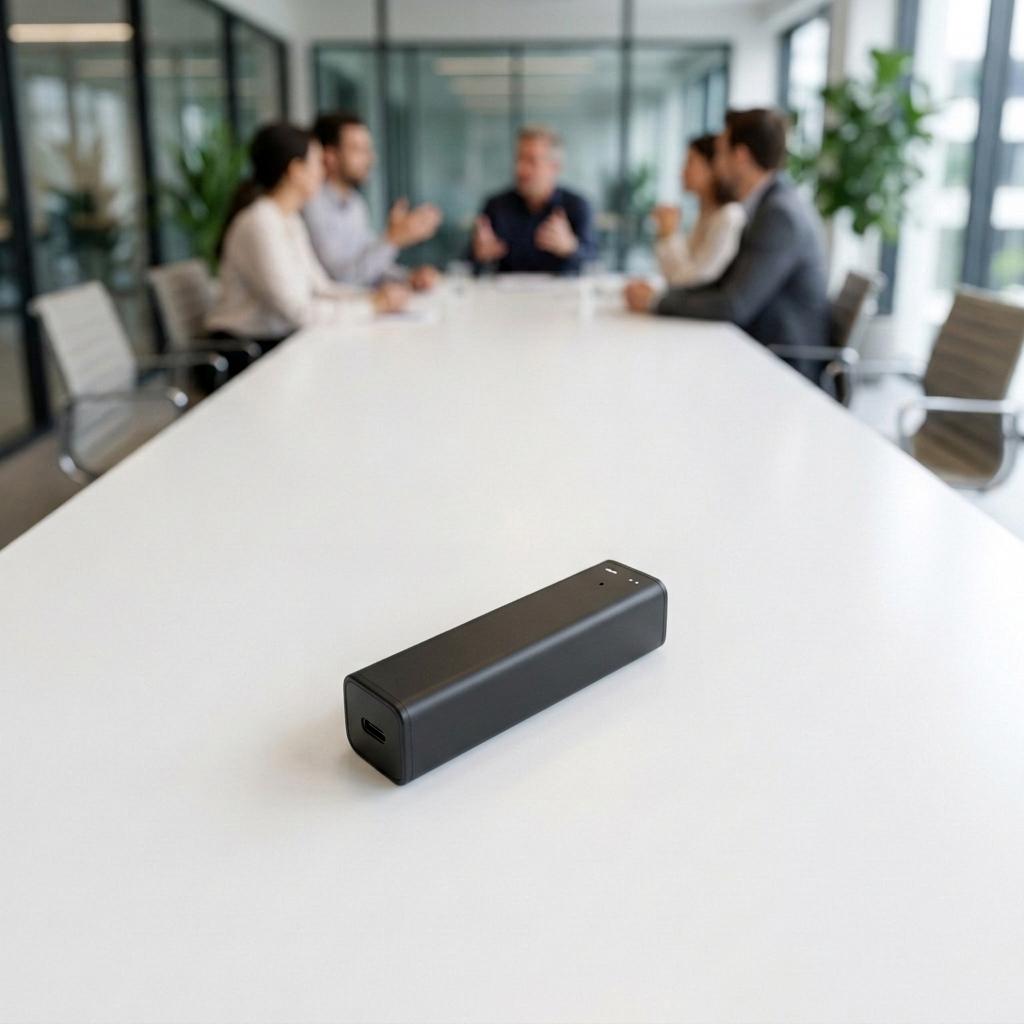 Voice activated recorder on a conference table during a meeting