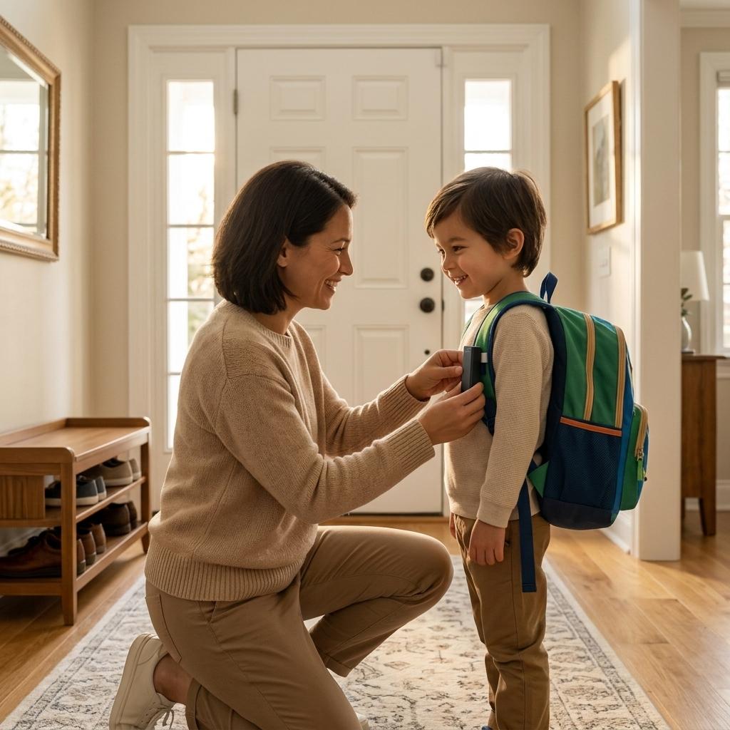 Parent clipping voice activated recorder to child’s school backpack