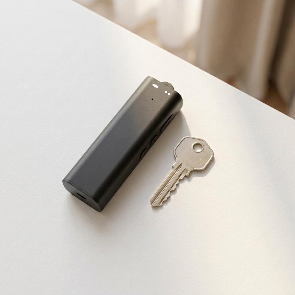 Voice activated recorder next to a house key for size